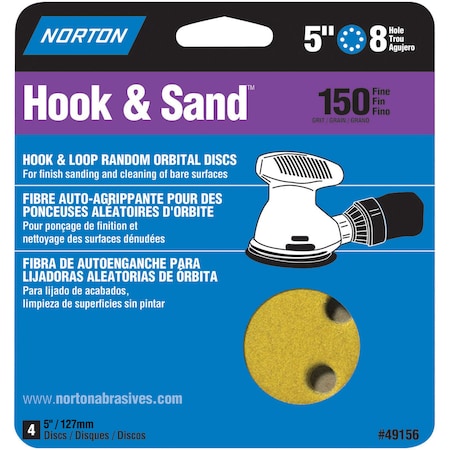 5 Hook & Sand 8-Hole Sanding Disc, P150-Grit, PK 4
